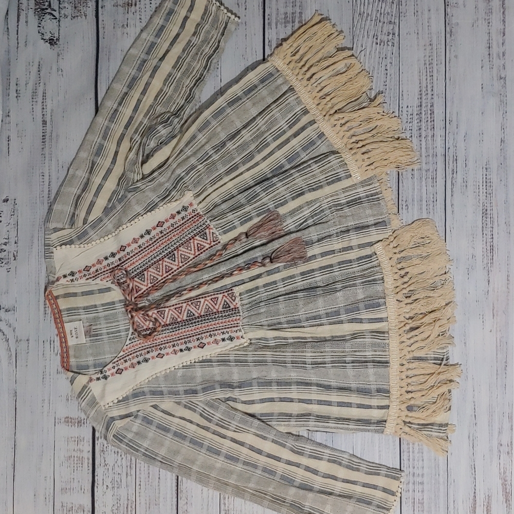 KNOX ROSE WOVEN LOOK STRIPES BOHO TOP WITH FRINGE - Picture 2 of 9